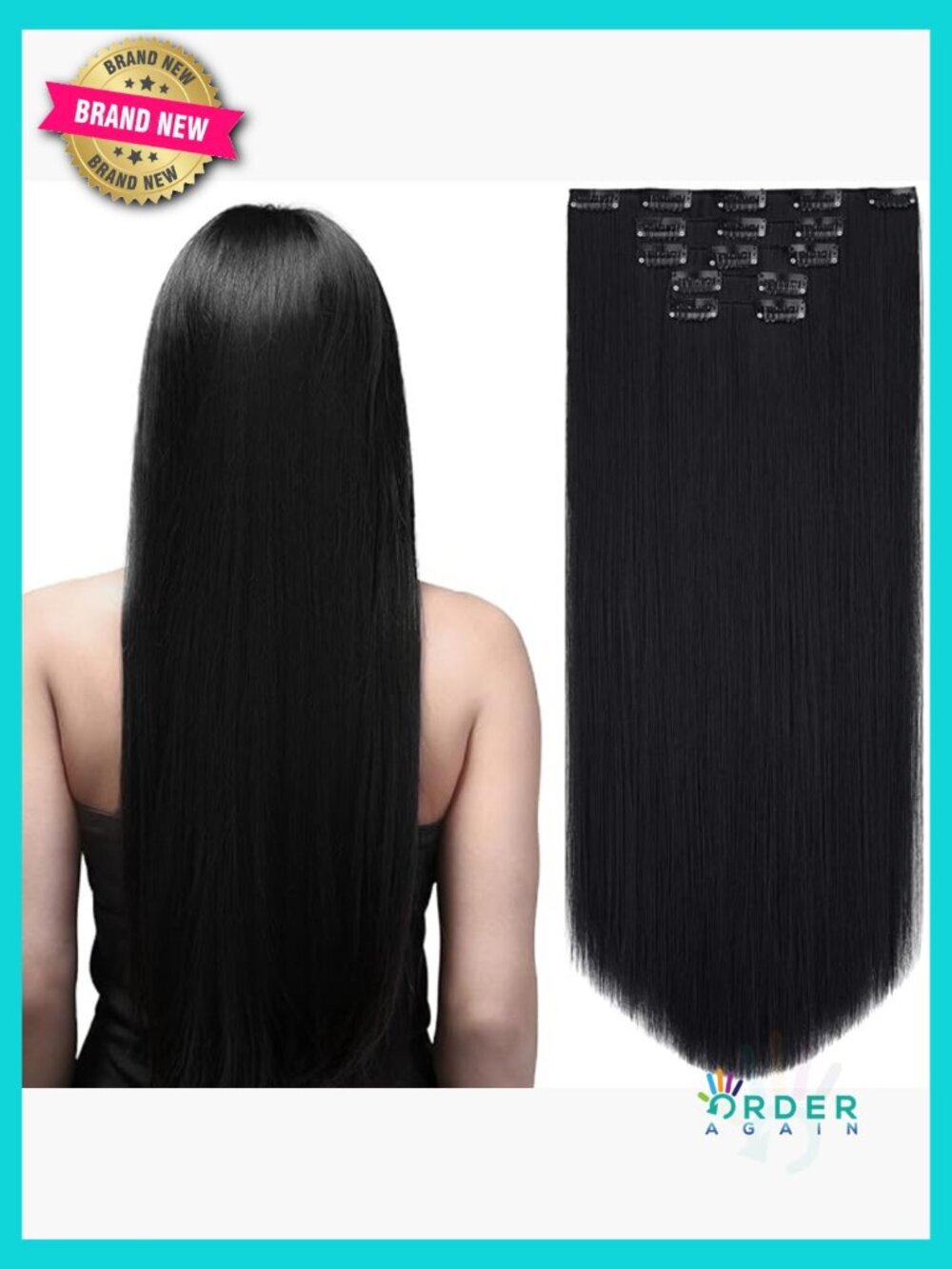 Black Synthetic Clip-In Hair Extensions 22 Inch Long Straight Full Head